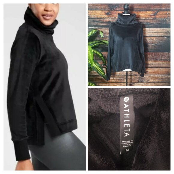Athleta Sweaters - Athleta Double Cozy Karma Funnel Neck Velour Sweatshirt Sweater Black Medium